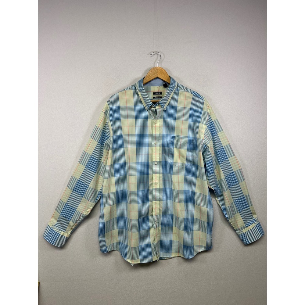 Preppy IZOD Mens XL‎ Yellow Blue Plaid Non-Iron Stretch Long Sleeve Button Down